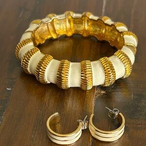 Cream and Gold Chunky Bangle Bracelet Striped Half Hoop Earring Bundle